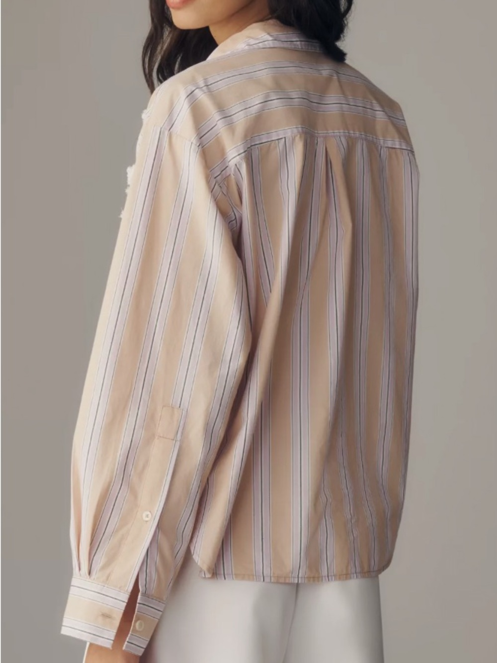Anthropologie Maeve Bennet Purple Stripe Floral Shrunken Embellished Shirt L NWT - Picture 6 of 15